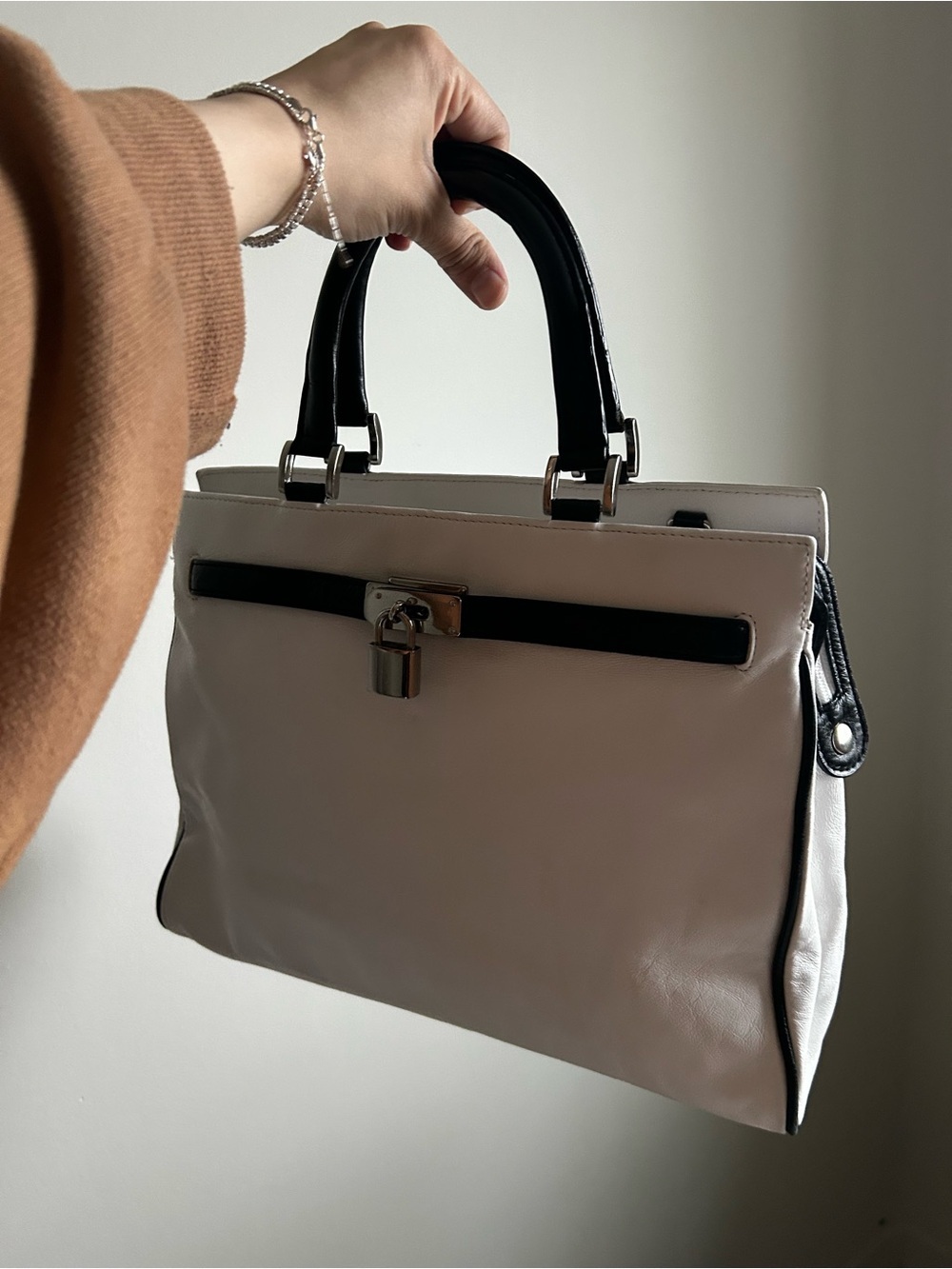 Danier Classic Two-Tone White and Black Top-Handle Leather Bag
